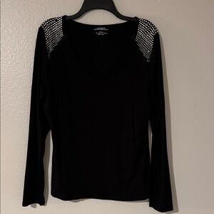 Carmen Marc Valvo Black Long Sleeve Top with Studded Shoulders
